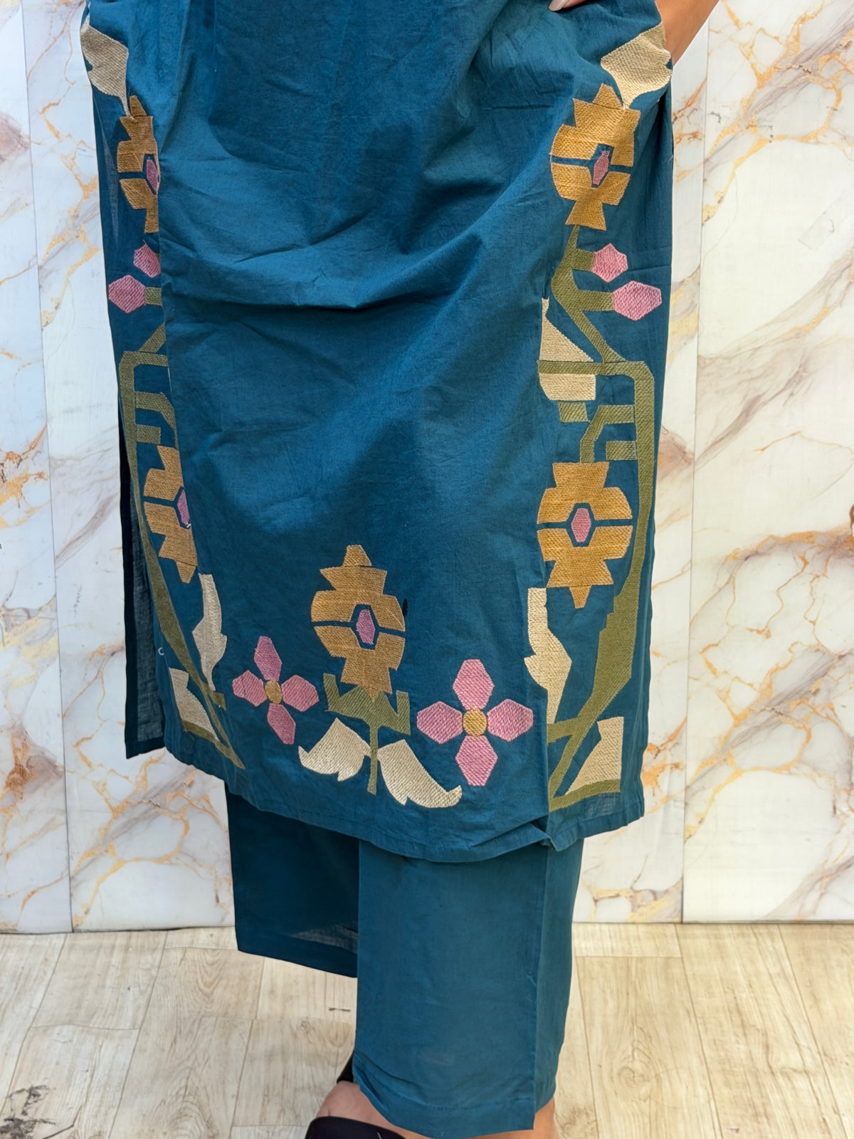 🩵 Teal Blue Floral Kurti Pant Dupatta Set