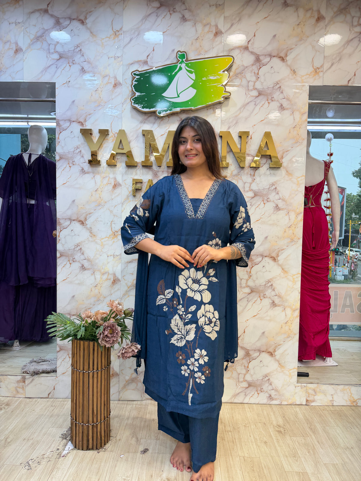 💙 Midnight Blue Floral Kurti Pant Dupatta Set