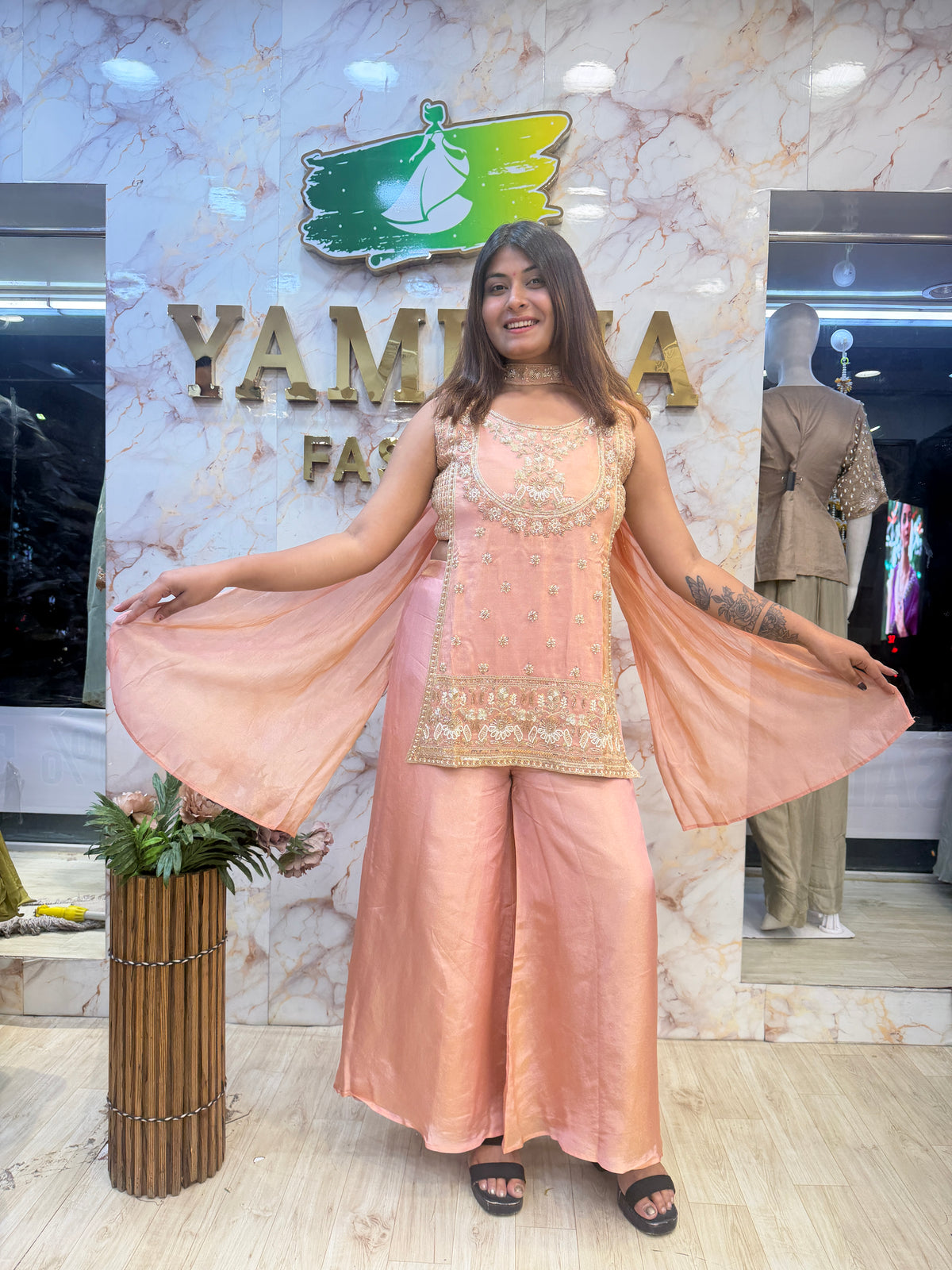 🌸 Peachy Glam – Embroidered Indo Western ✨
