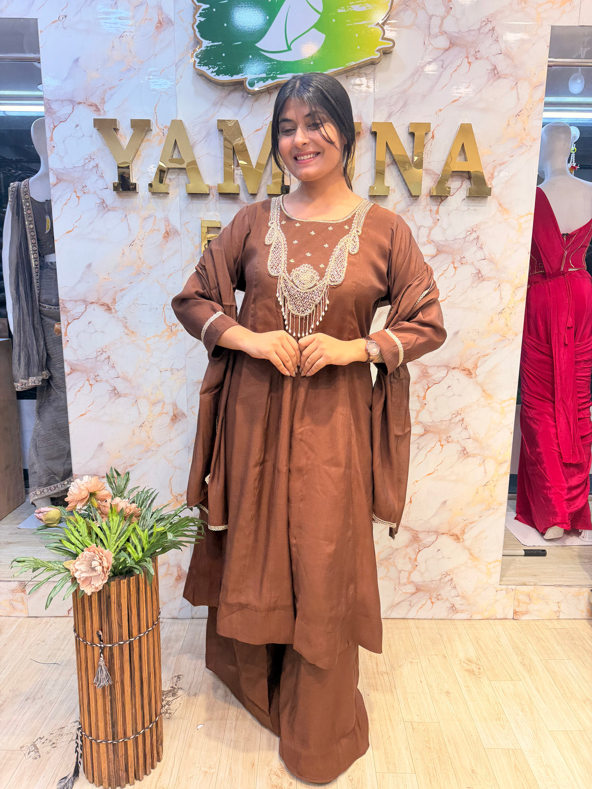 🤎 Regal Mocha Embroidered Kurti Pant Dupatta Set