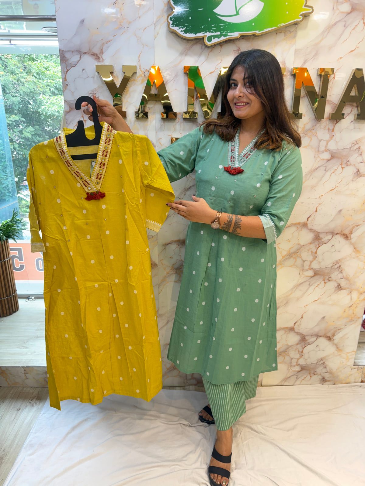 Cotton Mirror Work A-Line Kurti Set ✨