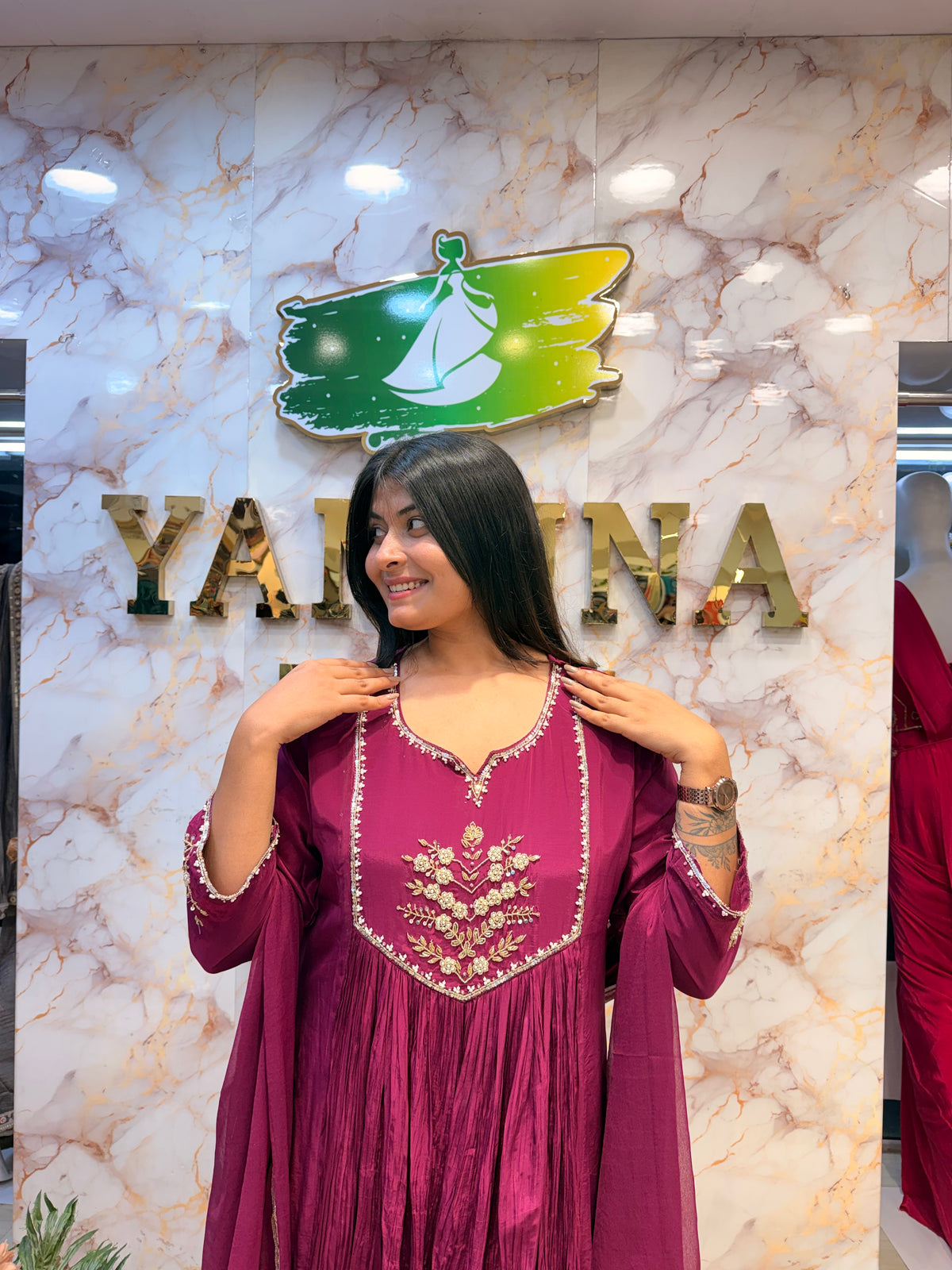 💜 Wine Embroidered Flared Kurti Pant Dupatta Set ✨