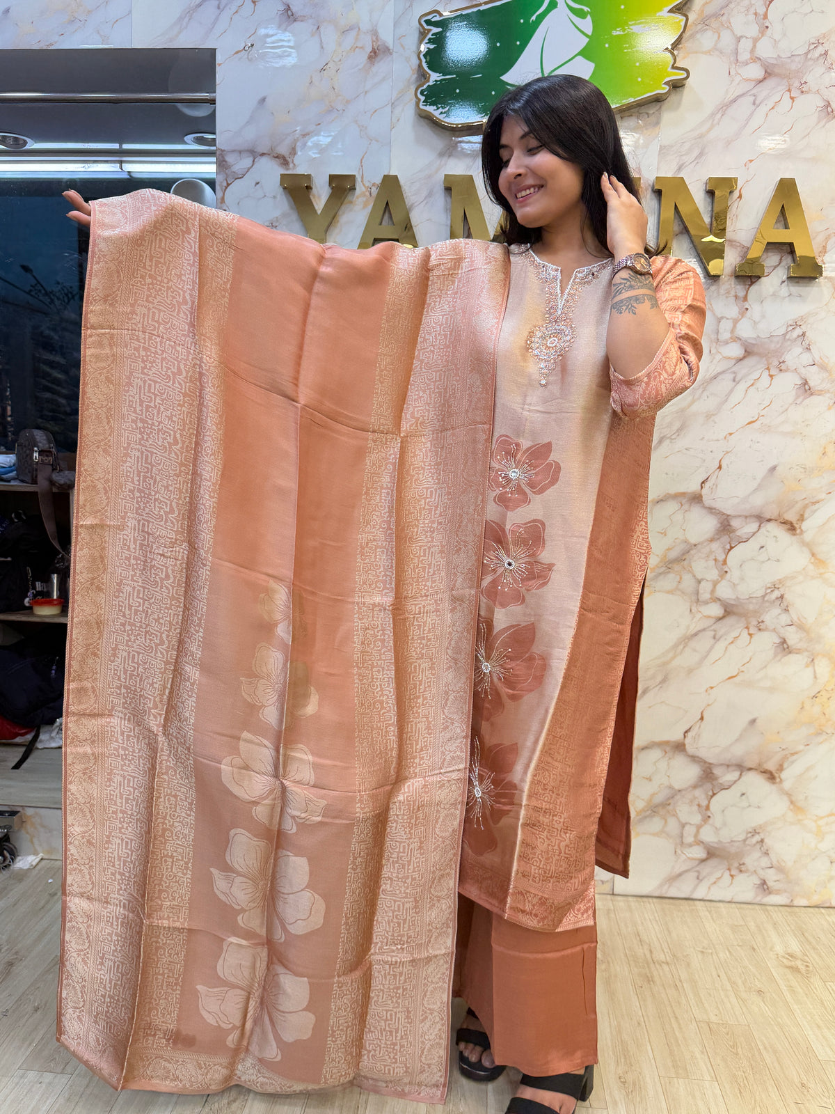 🌸 Peach Blush Floral Kurti Pant Dupatta Set