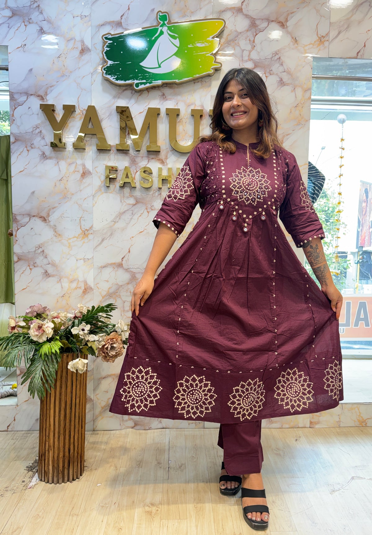 Elegant Cotton Anarkali Dress with Mirror Work