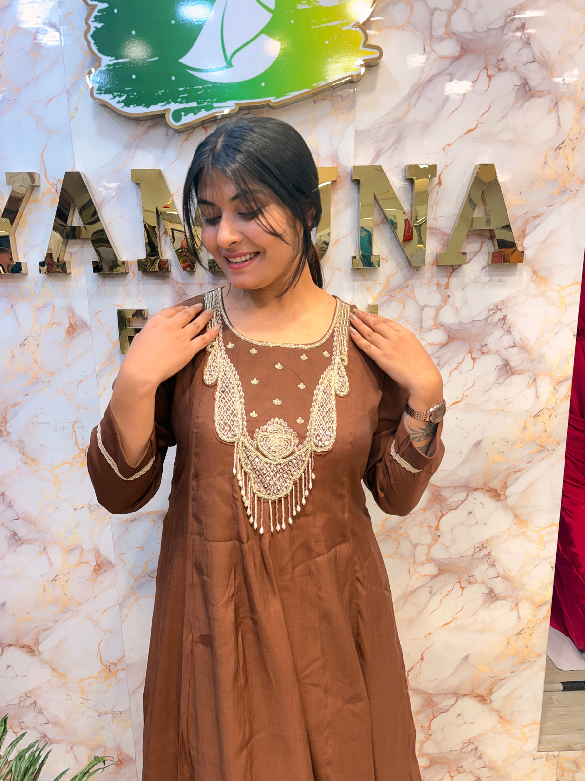 🤎 Regal Mocha Embroidered Kurti Pant Dupatta Set