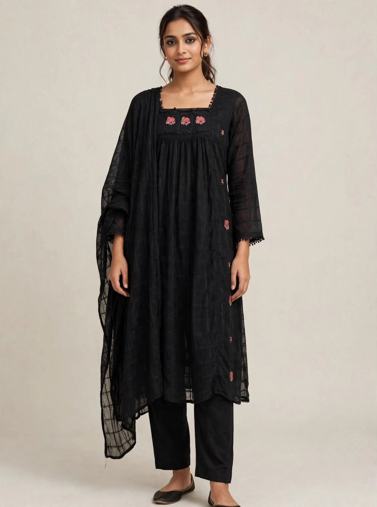 Elegant Charcoal Black Embroidered Anarkali Kurti Pant with Dupatta Set