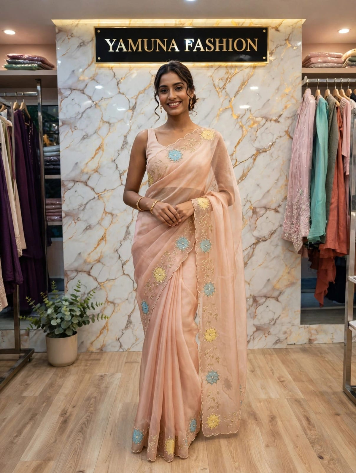 🌸 Elegant Peach Floral Embroidered Saree ✨