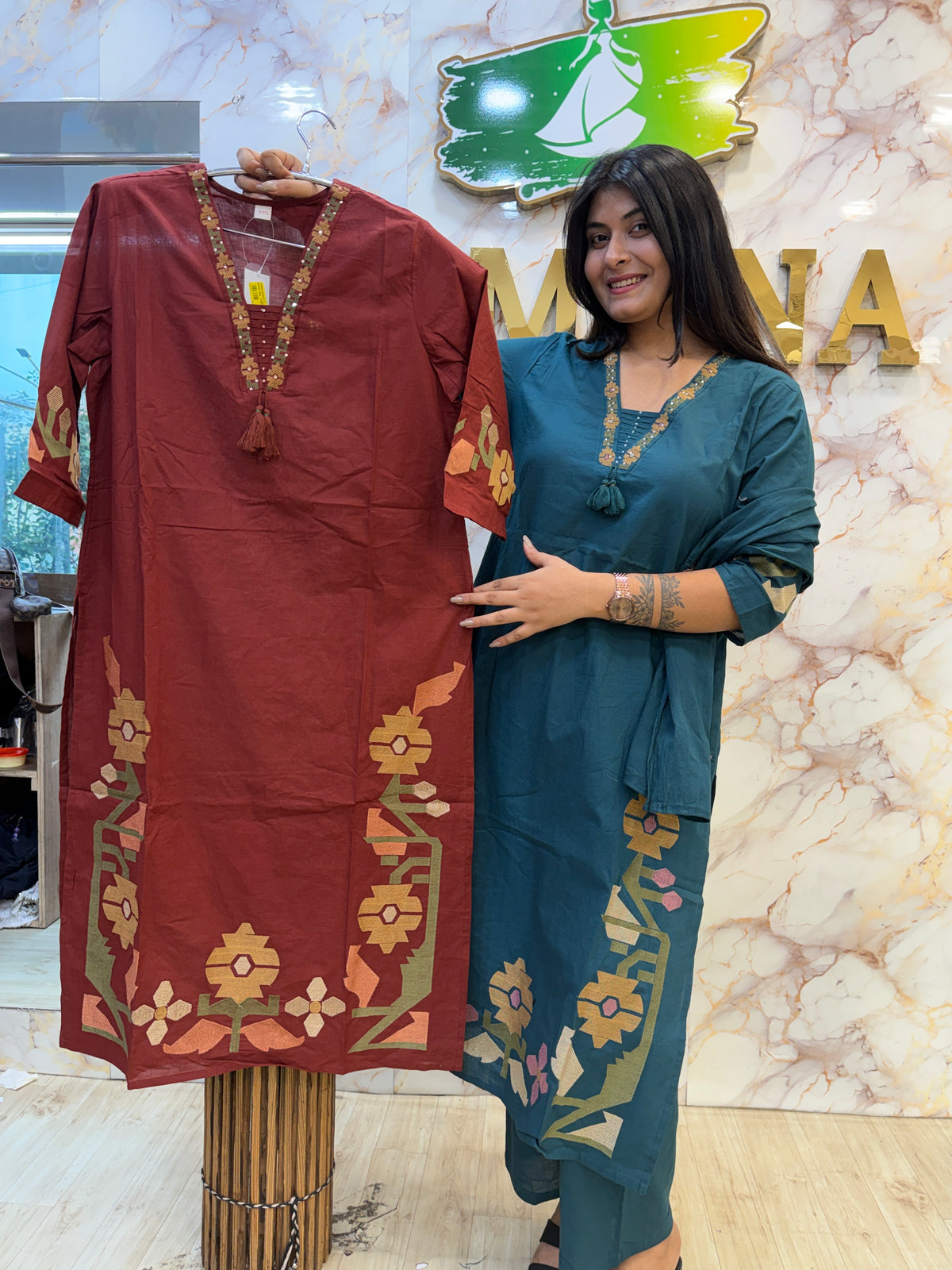 🩵 Teal Blue Floral Kurti Pant Dupatta Set