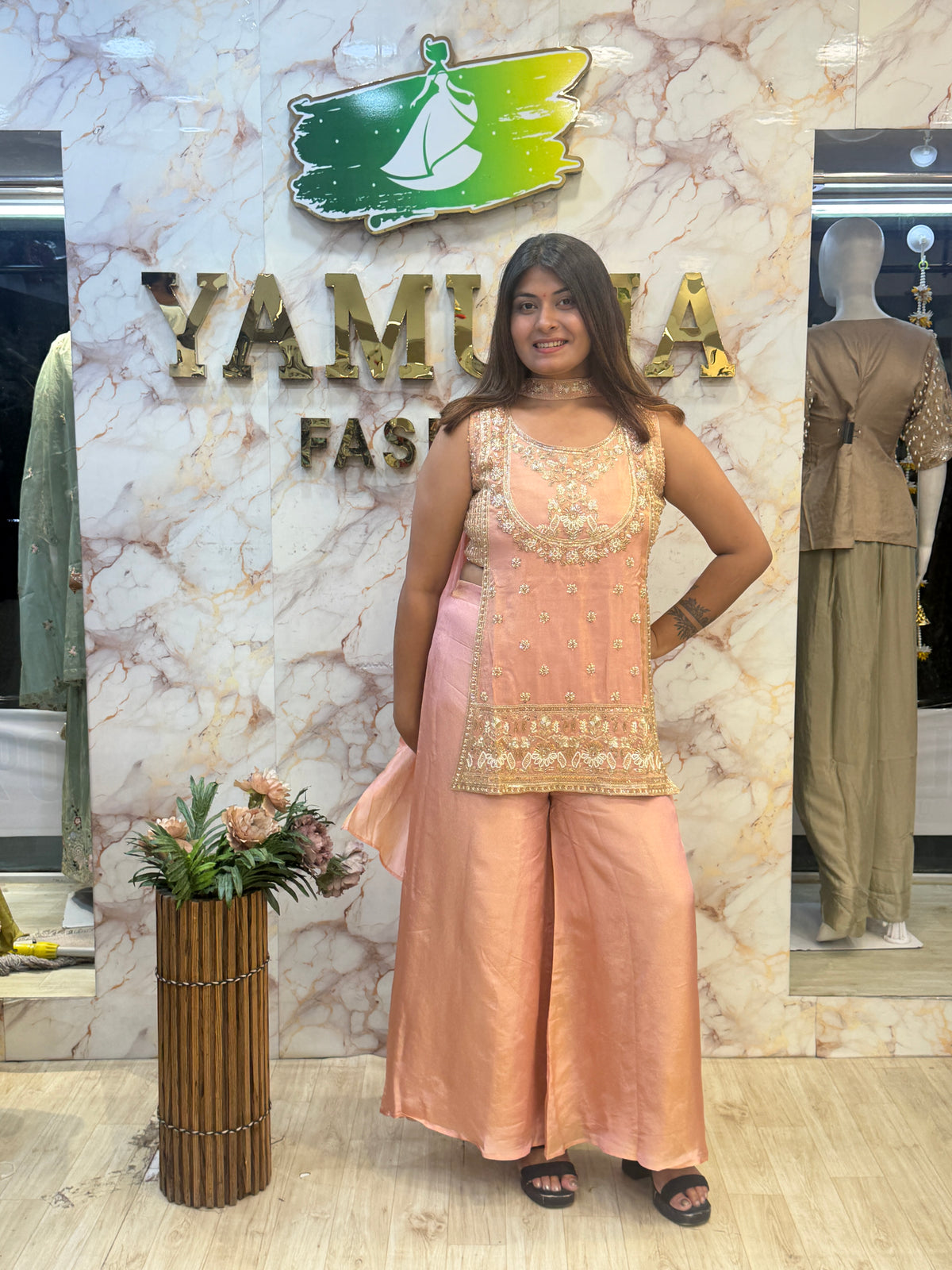 🌸 Peachy Glam – Embroidered Indo Western ✨