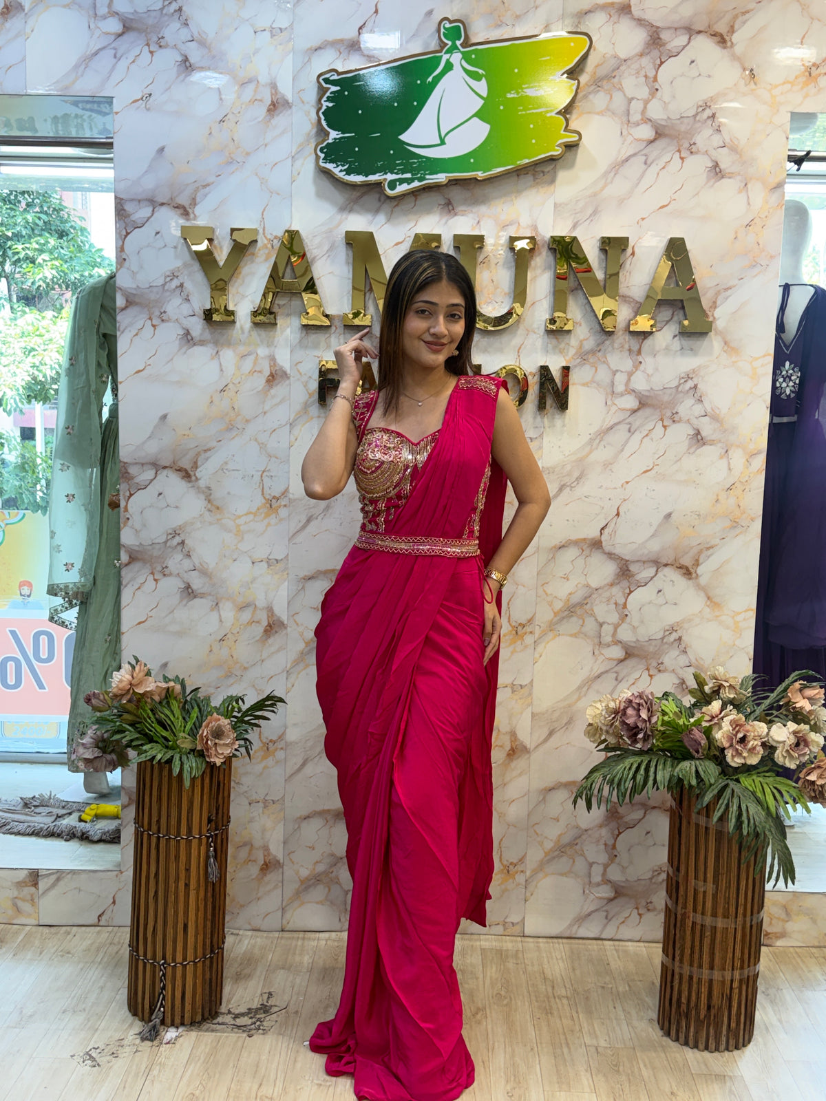 Rani Pink Embellished Draped Saree