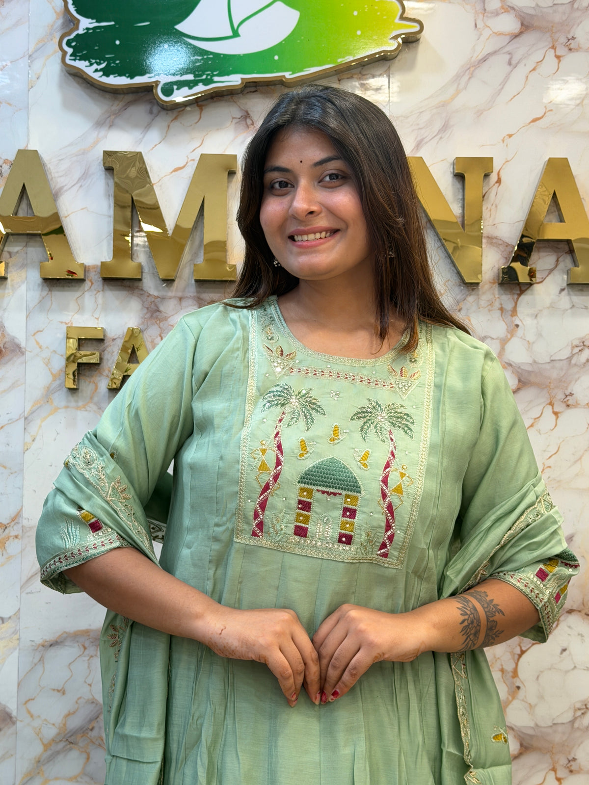 🌿 Sage Embroidered Kurti Pant Dupatta Set