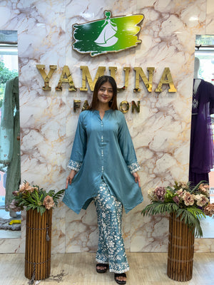 💙✨ Ocean Blue Floral Kurta Palazzo Set ✨💙