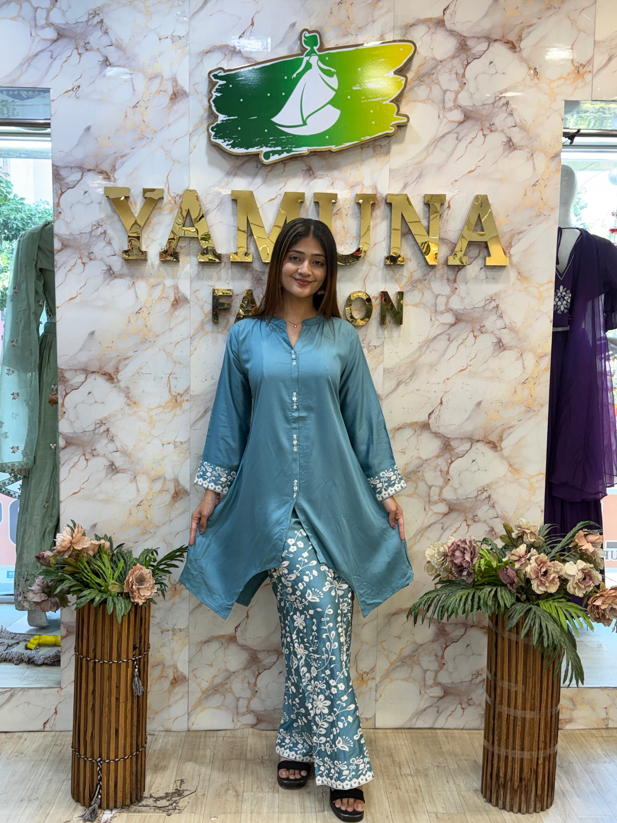 💙✨ Ocean Blue Floral Kurta Palazzo Set ✨💙