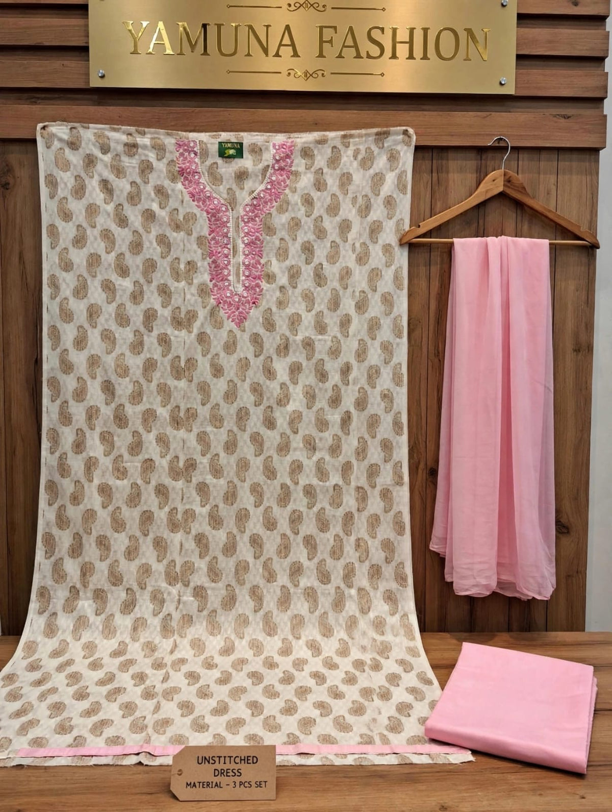 🌸 Off-White & Soft Pink Cotton Dress Material with Embroidered Neckline 🌸