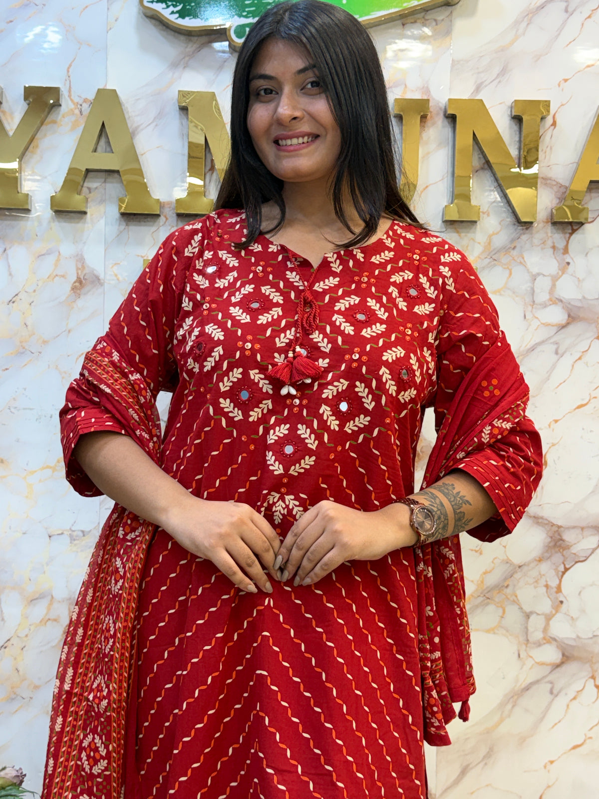 ❤️ Ruby Red Printed Kurti Pant Dupatta Set