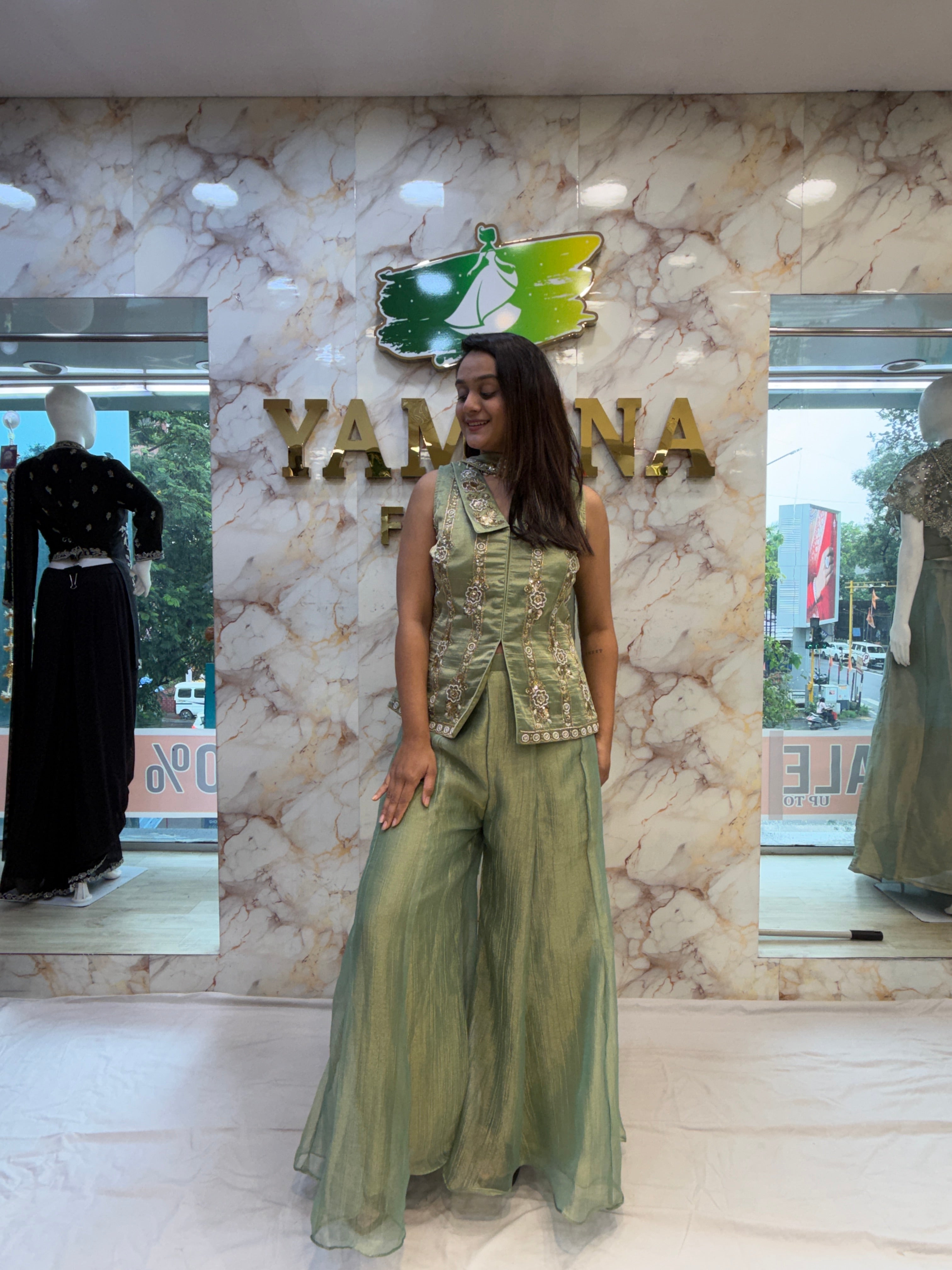 Designer Salsa Crop Top & Palazzo Set with Handwork & Thread Embroidery