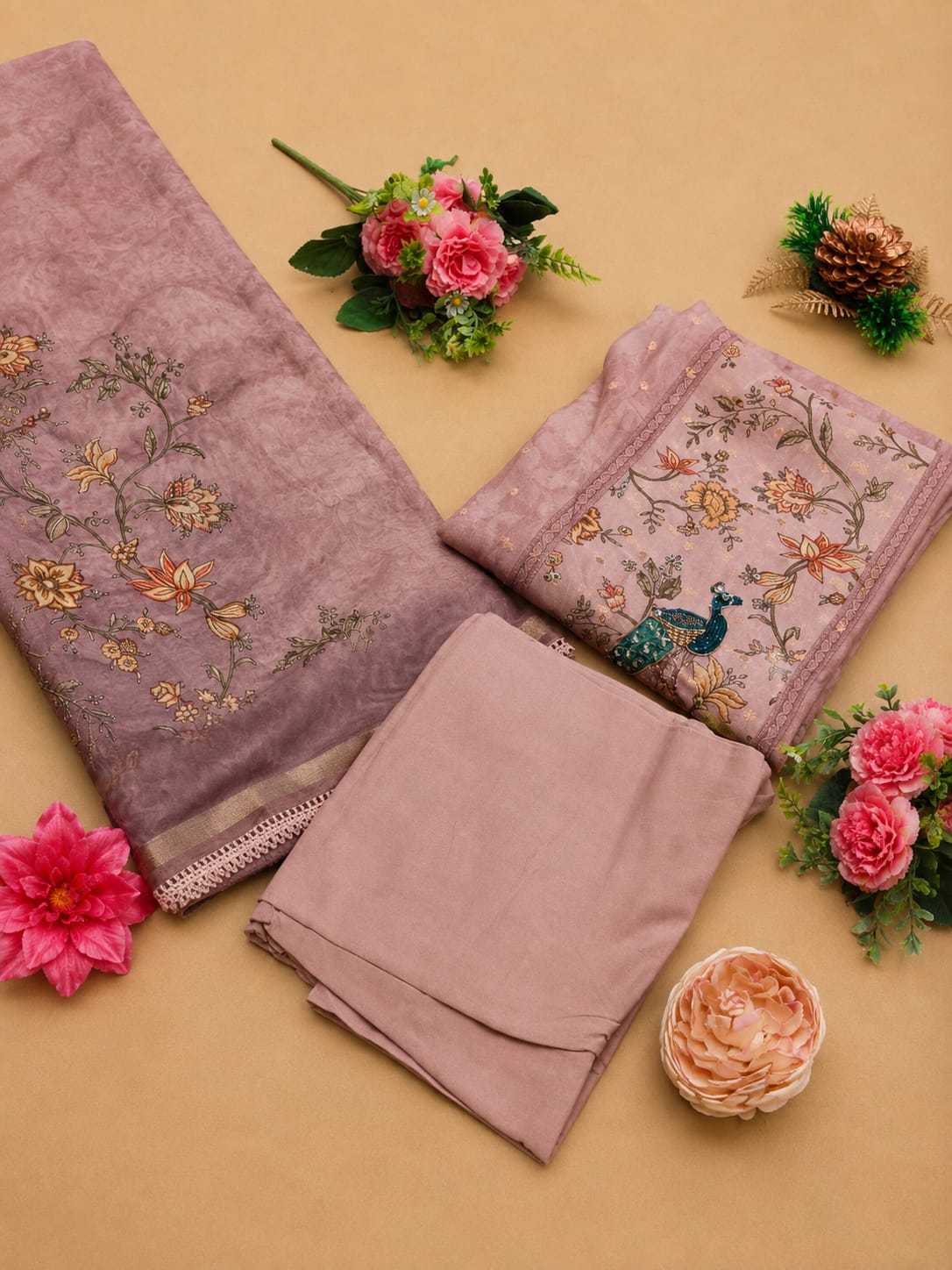 Mul Chanderi Silk, this unstitched dress features elegant thread work and a beautifully printed dupatta.