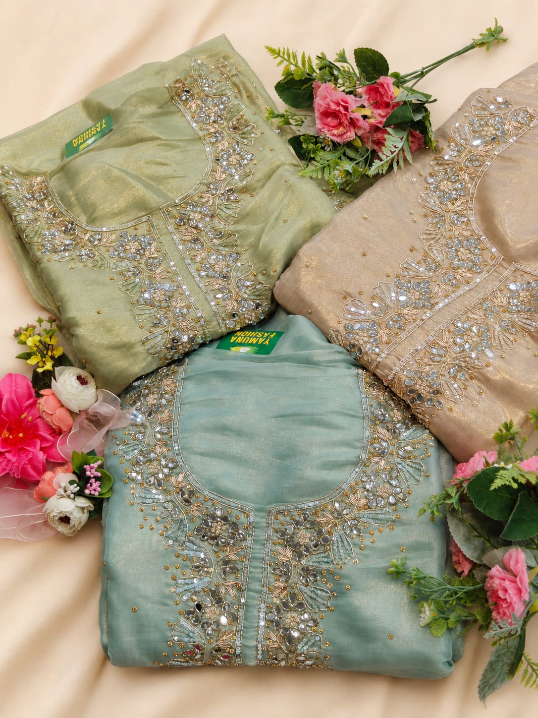 Premium tissue silk fabric drapes beautifully with a luxurious, delicate feel.
