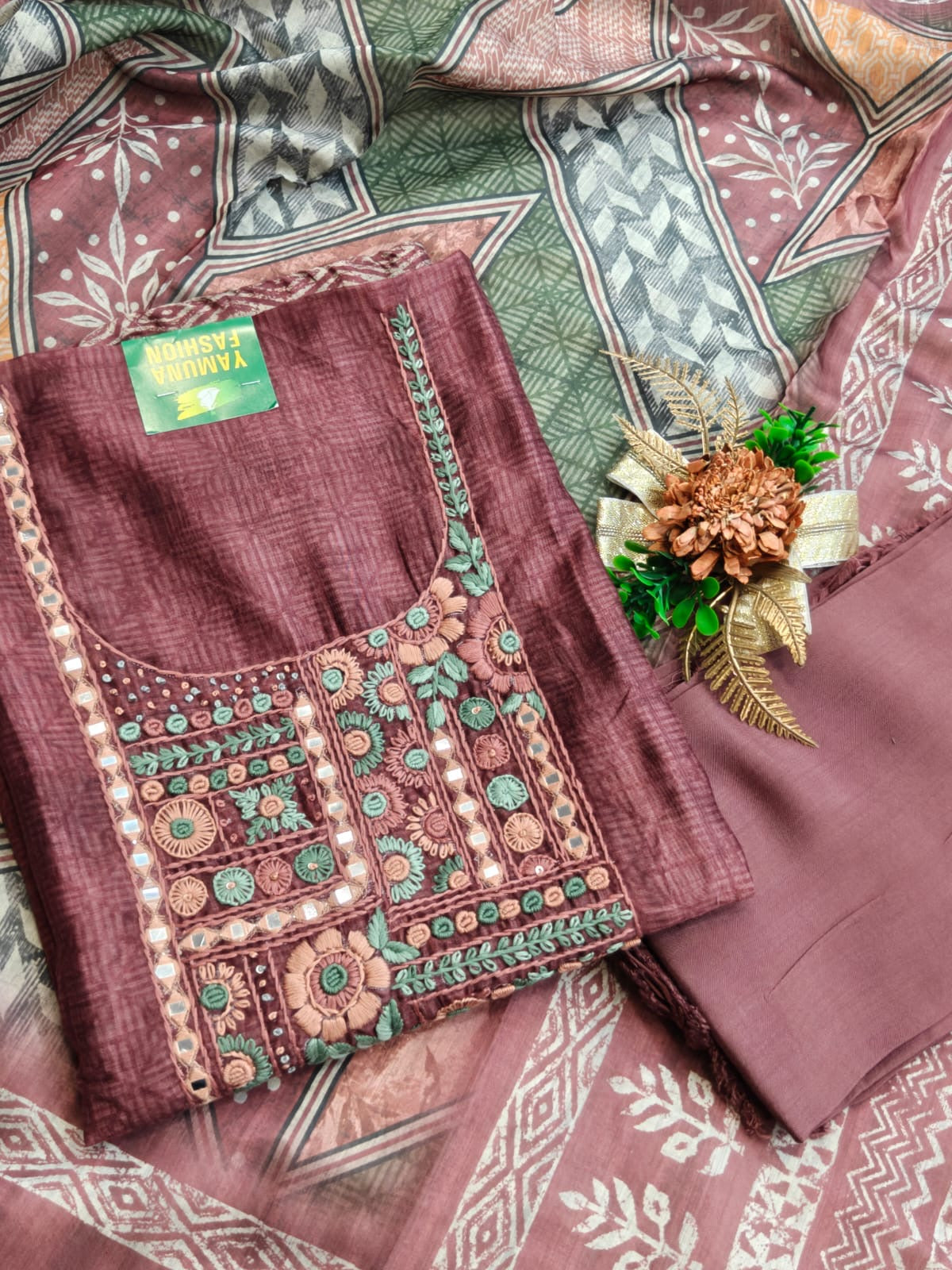 Premium Linen Cotton Embroidered Unstitched Suit with Printed Dupatta