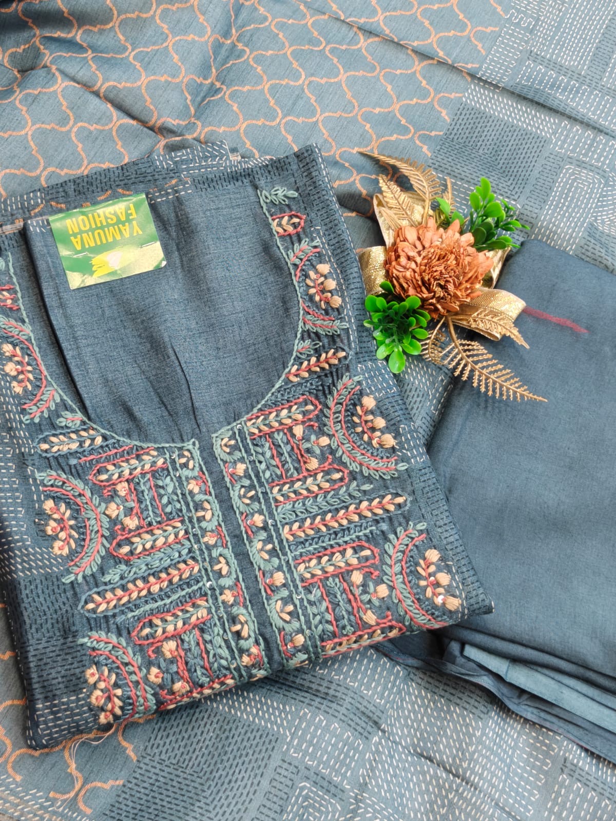 Premium Linen Cotton Embroidered Unstitched Suit with Printed Dupatta