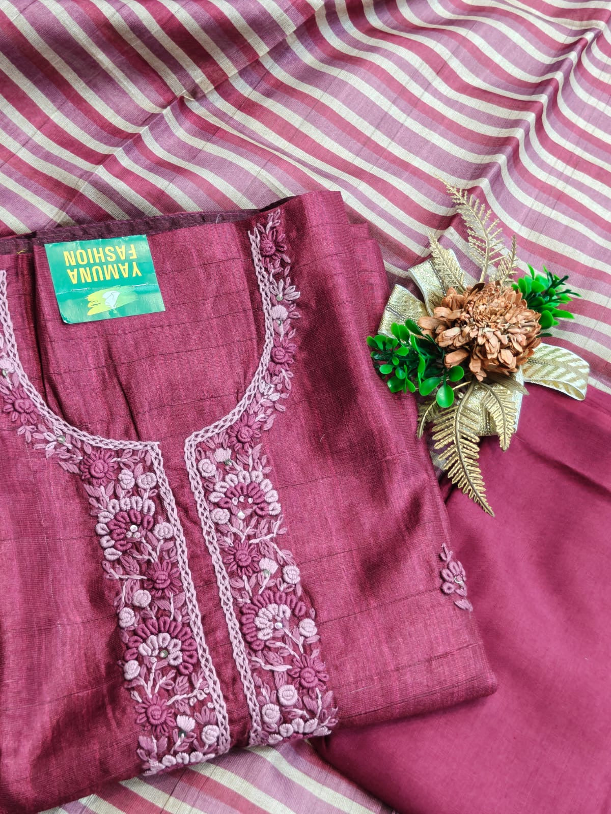 Premium Linen Cotton Embroidered Unstitched Suit with Printed Dupatta