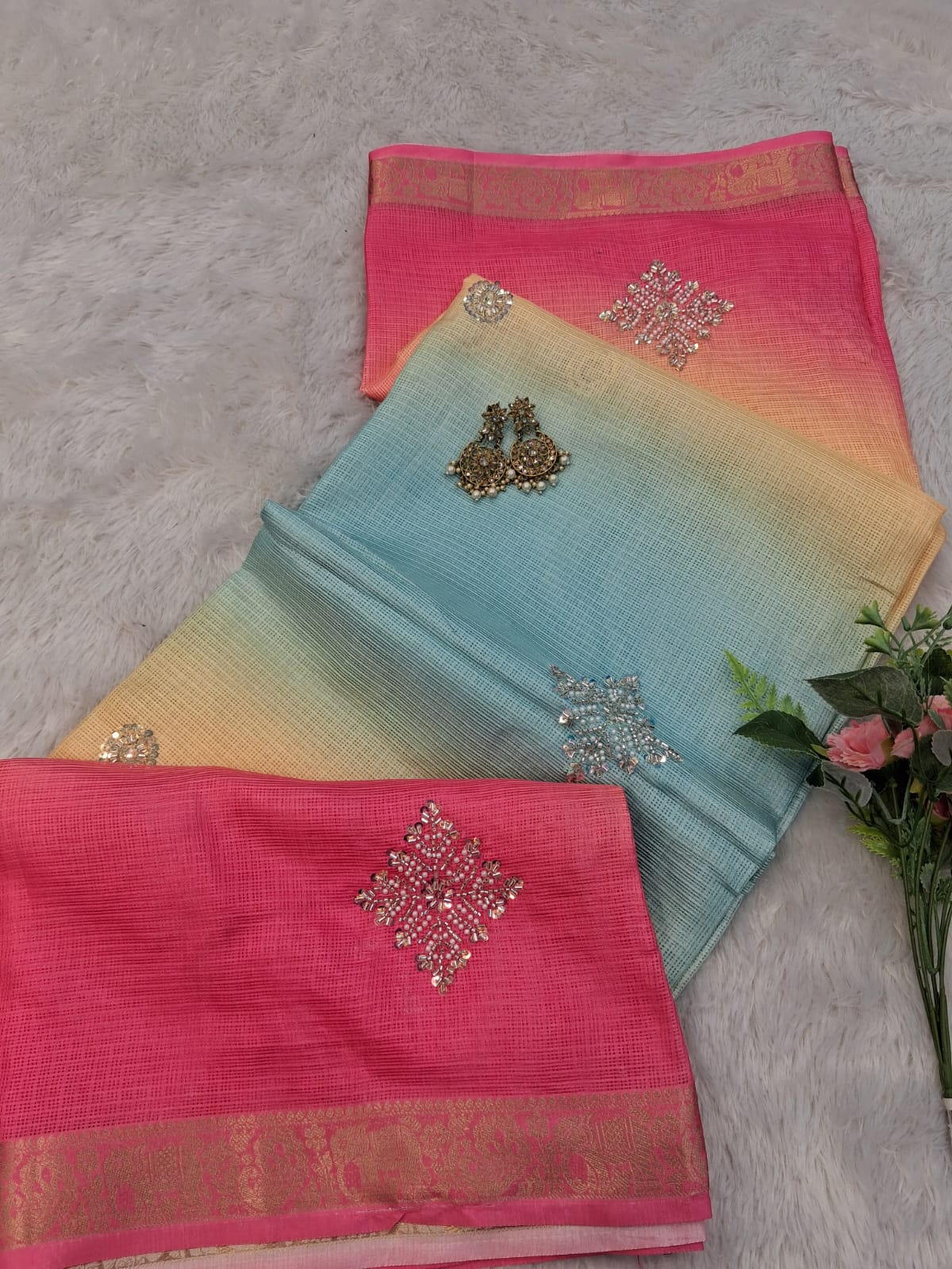 Designer Kota Doria Shaded Saree with Handwork | Lightweight Festive Wear
