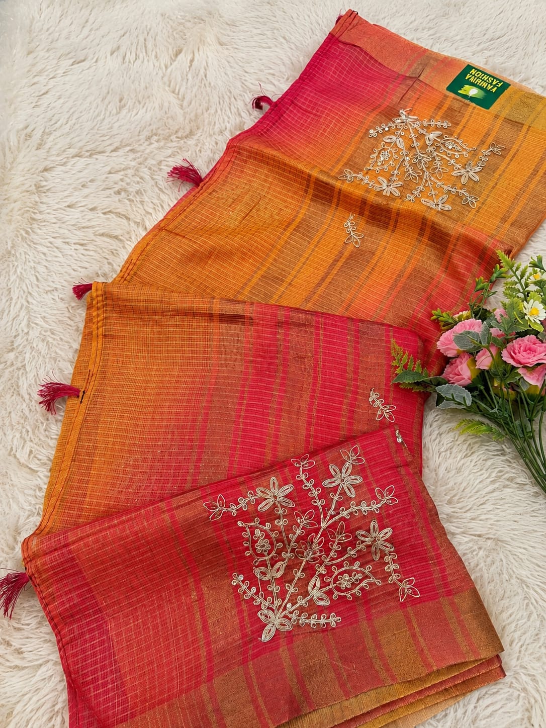 Premium Kota Doria Saree with Pitta Work & Woven Stripes