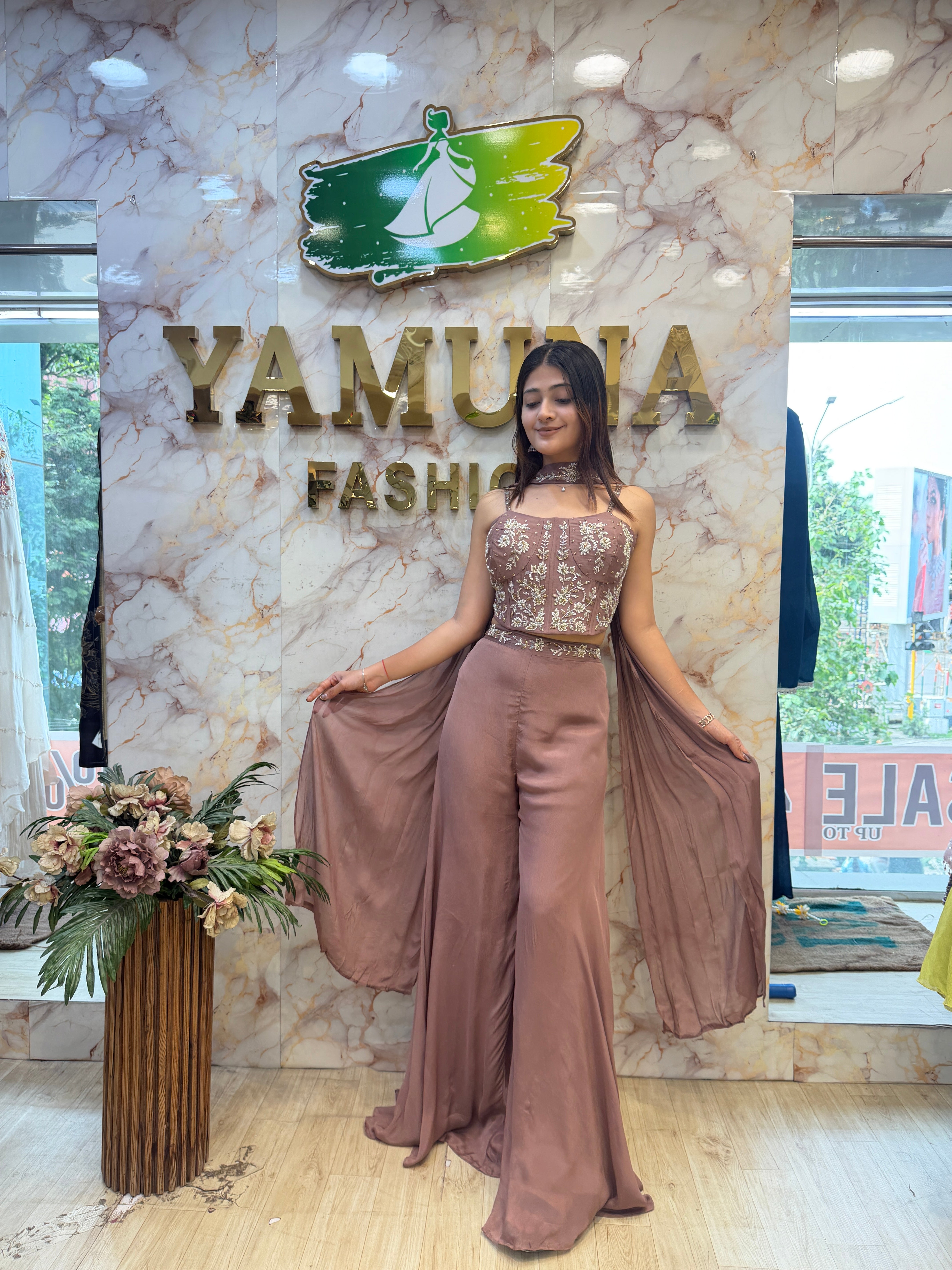 Premium Natural Crepe Corset & Palazzo Set with Floral Embroidery