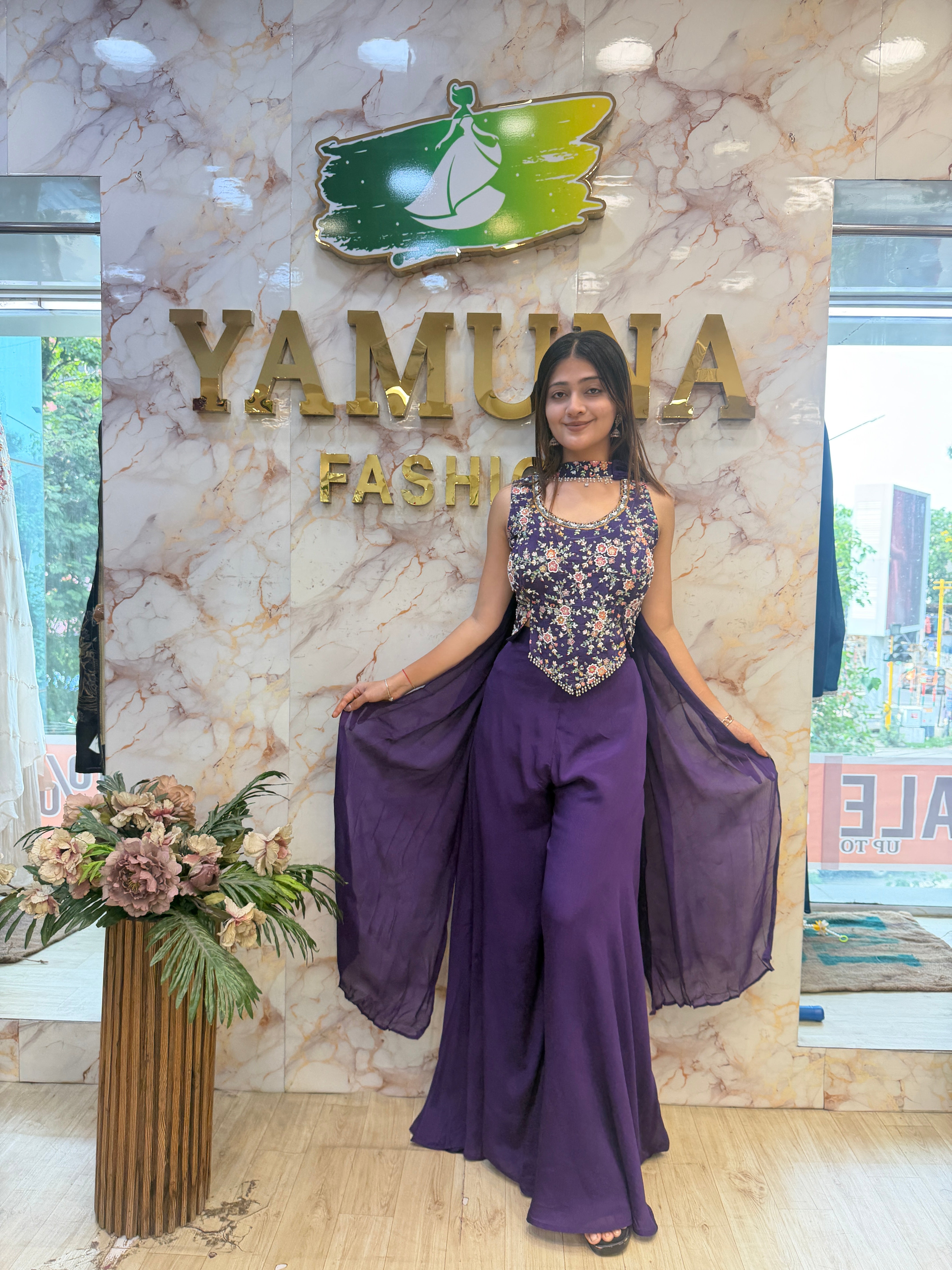 Premium Chinon Embroidered Top & Palazzo Set with Handwork