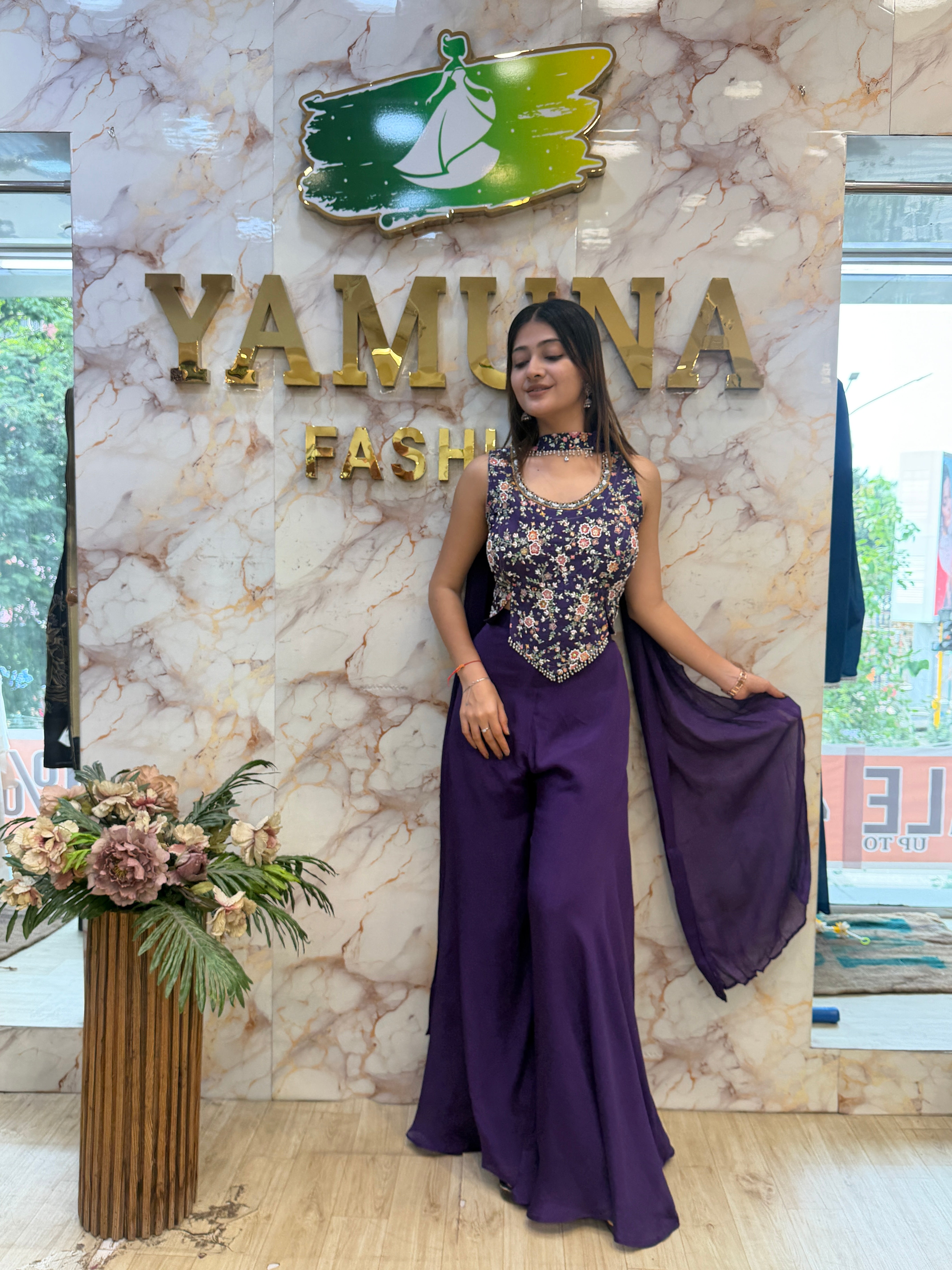 Premium Chinon Embroidered Top & Palazzo Set with Handwork