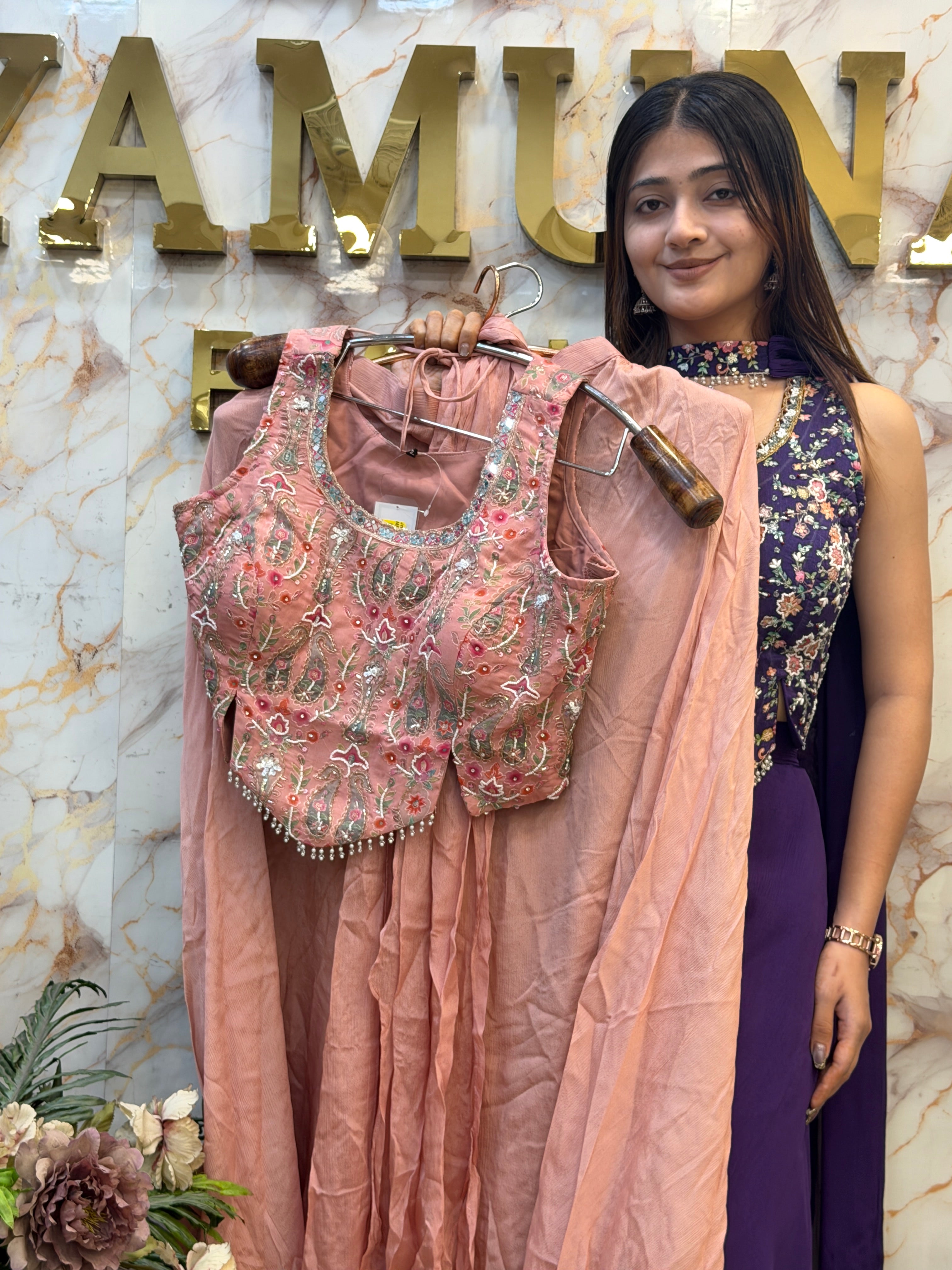 Premium Chinon Embroidered Top & Palazzo Set with Handwork