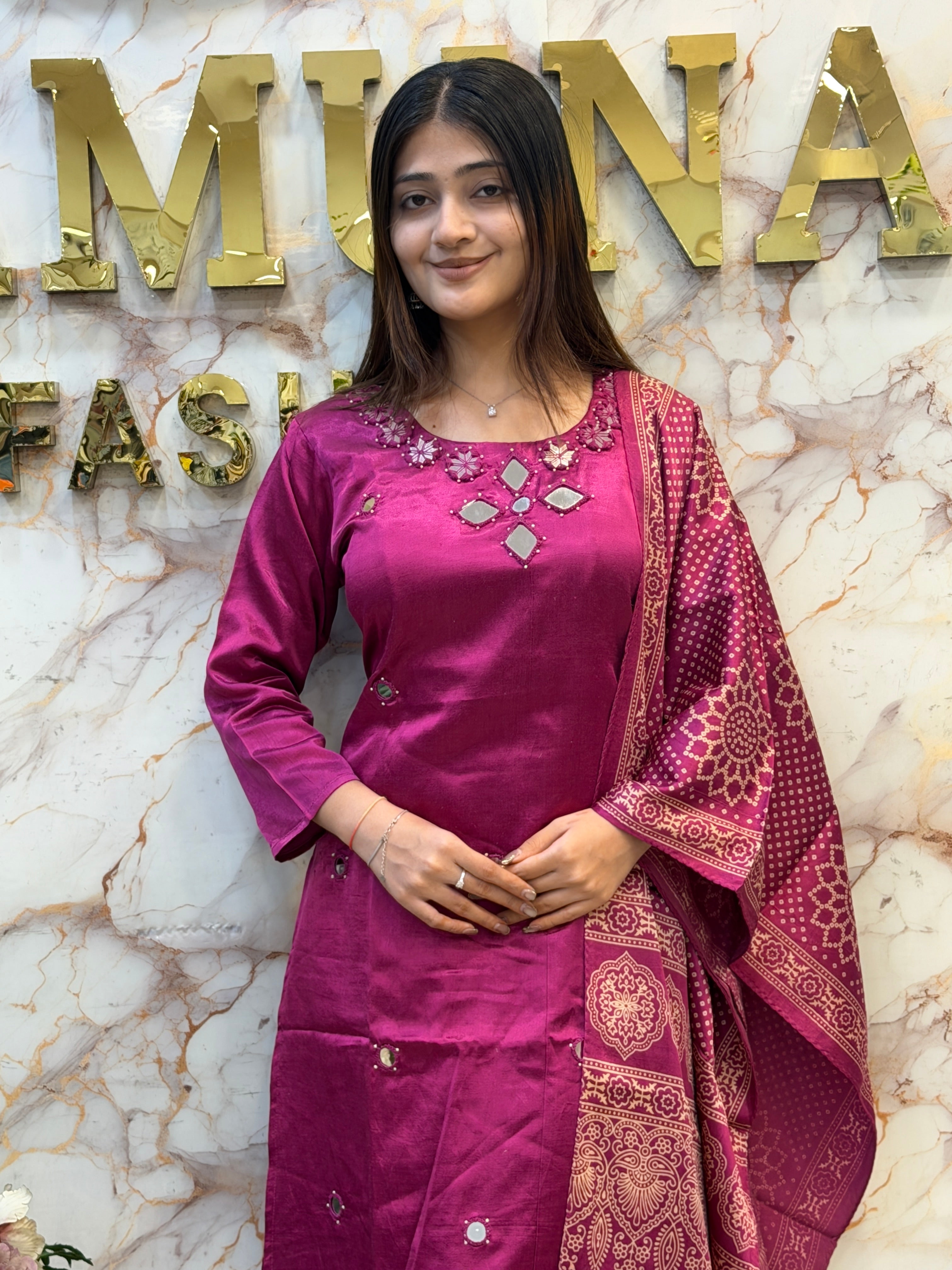 Premium Gaji Silk Mirror Work Kurta, Skirt & Dupatta Set