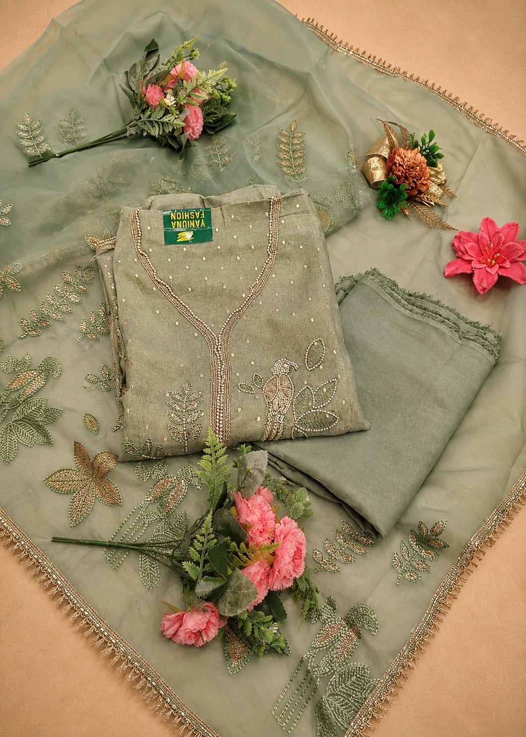 Premium Mul Chanderi Tissue Silk Unstitched Dress Material with Handwork