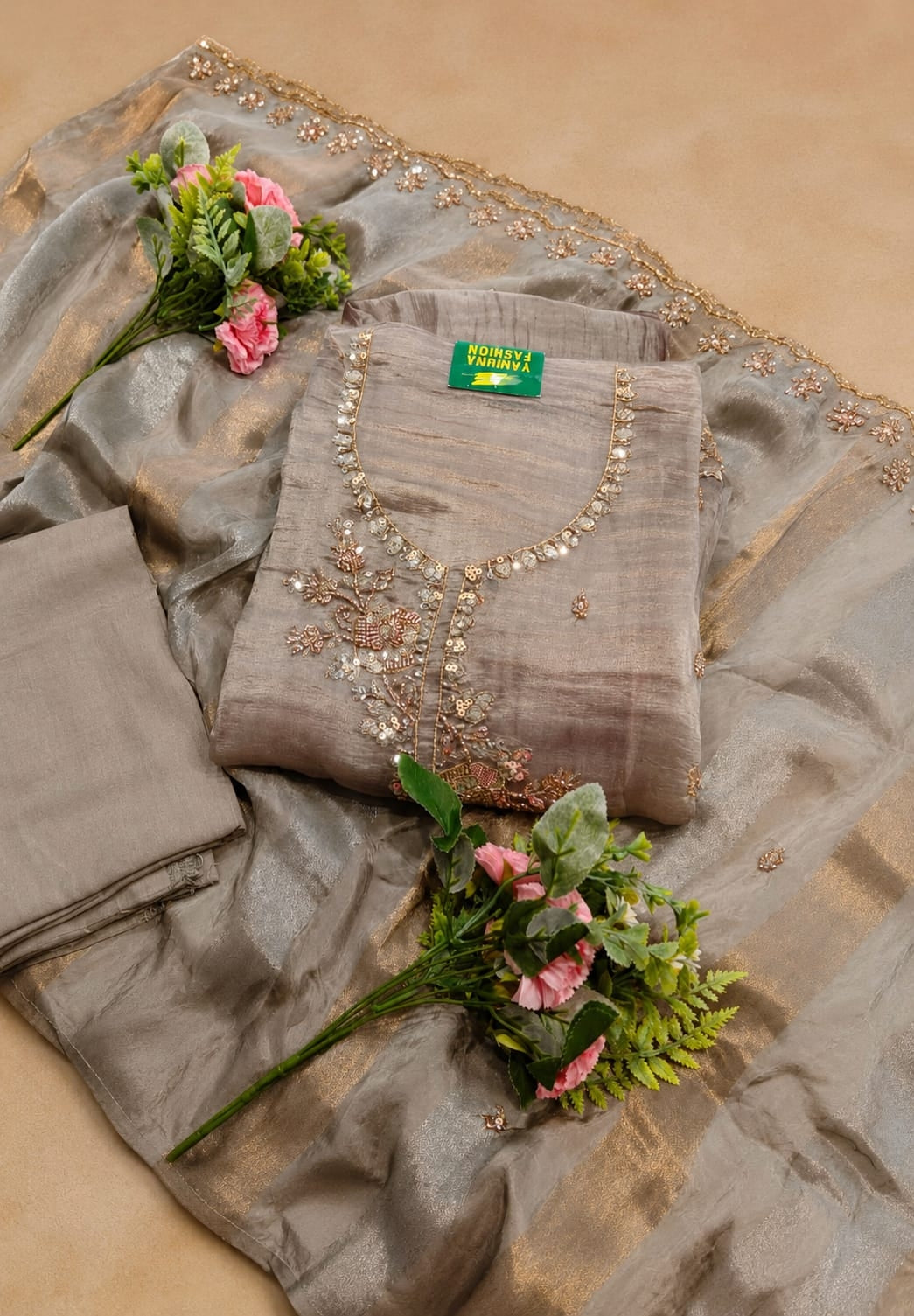 Premium Shimmer Tissue Silk Unstitched Dress Material with Handwork